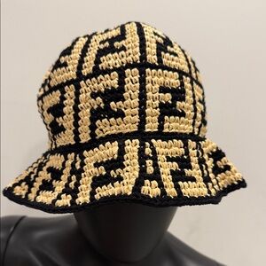 Fendi Raffia FF Logo Bucket Hat Beige Black One Size NEW Summer